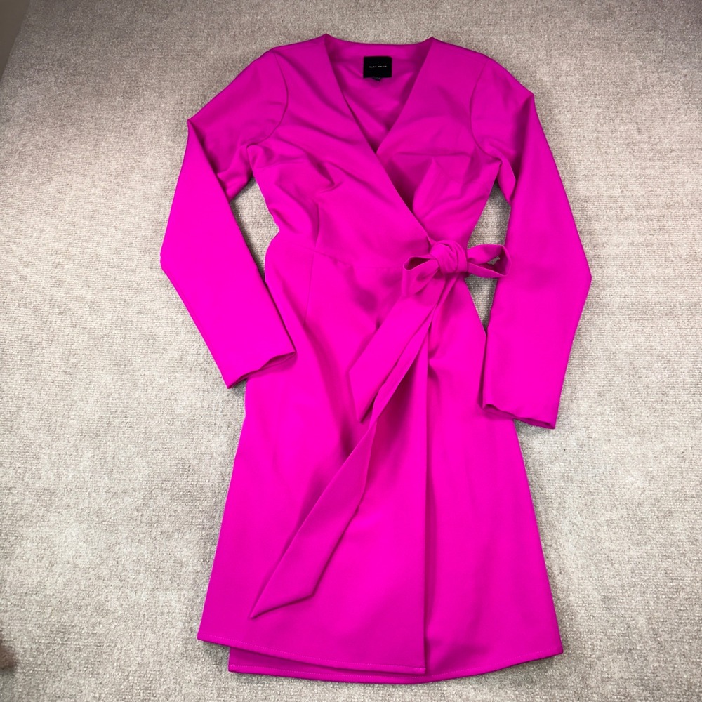 Alex Marie Wedding Guest Magenta Long Sleeve Wrap Dress V-Neck Tie Waist Size 6